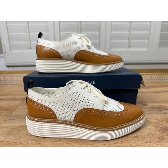 Cole Haan Women's OG Platform Wingtip Oxford Pecan Ivory Leather Size 9.5 US NIB - Picture 3 of 15